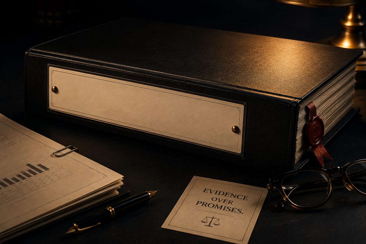 A black legal binder with a brass plate and a red wax seal on a dark desk, beside a card reading evidence over promises