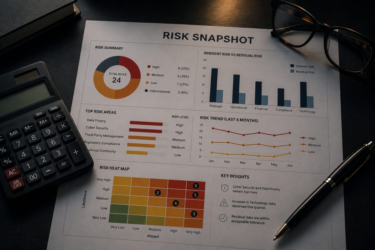 A printed risk snapshot on a dark desk showing a risk summary, inherent versus residual risk, top risk areas and a likelihood-impact heat map