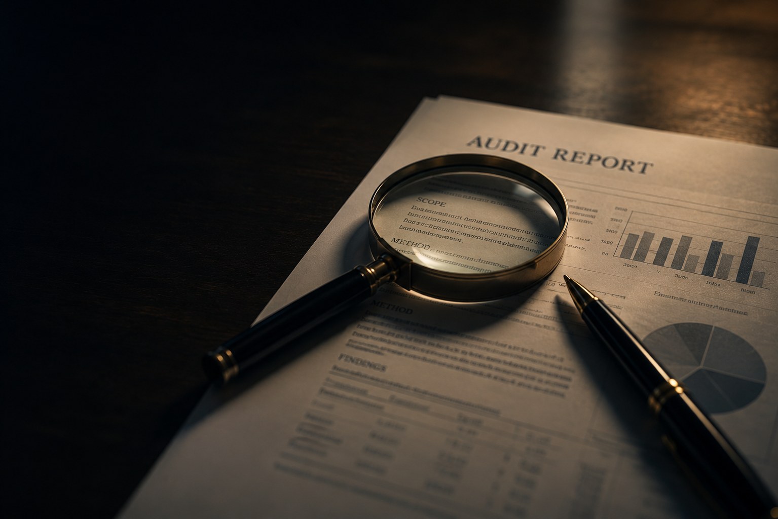A printed audit report headed Scope, Method and Findings, with a magnifying glass and a pen resting on it