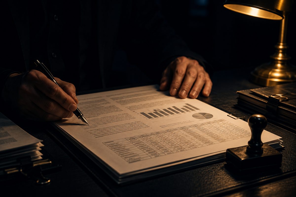 A reviewer annotating a printed report with a fountain pen under a brass desk lamp
