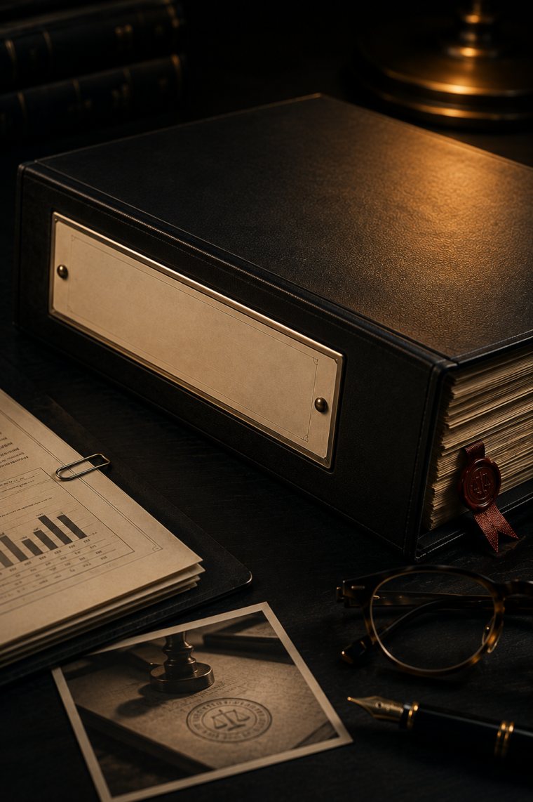 A black archive box closed on a dark desk under warm light, its brass label plate still blank, with a red wax seal at the edge of the papers inside and a stamped impression lying beside it.