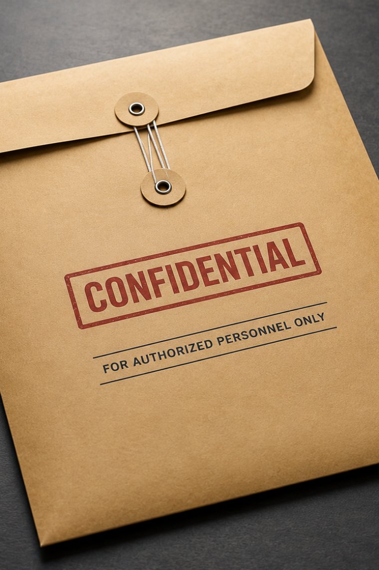 A sealed kraft document envelope on a dark desk, wound shut with string through two eyelets and stamped Confidential above a line reading for authorized personnel only.