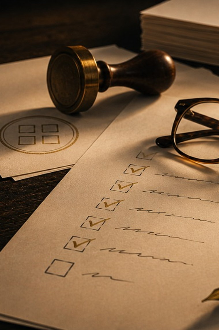 A handwritten checklist on aged paper under warm light, five boxes ticked in gold and the last one still empty, with a brass desk stamp, reading glasses and a fountain pen beside it.