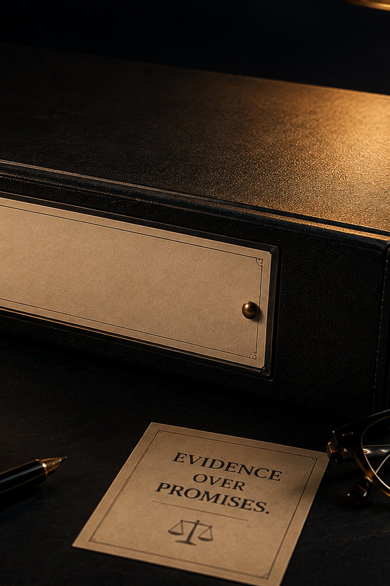 A black archive binder on a dark desk beside a clipped stack of printed reports, with a small printed card in front of it reading EVIDENCE OVER PROMISES above a pair of scales.