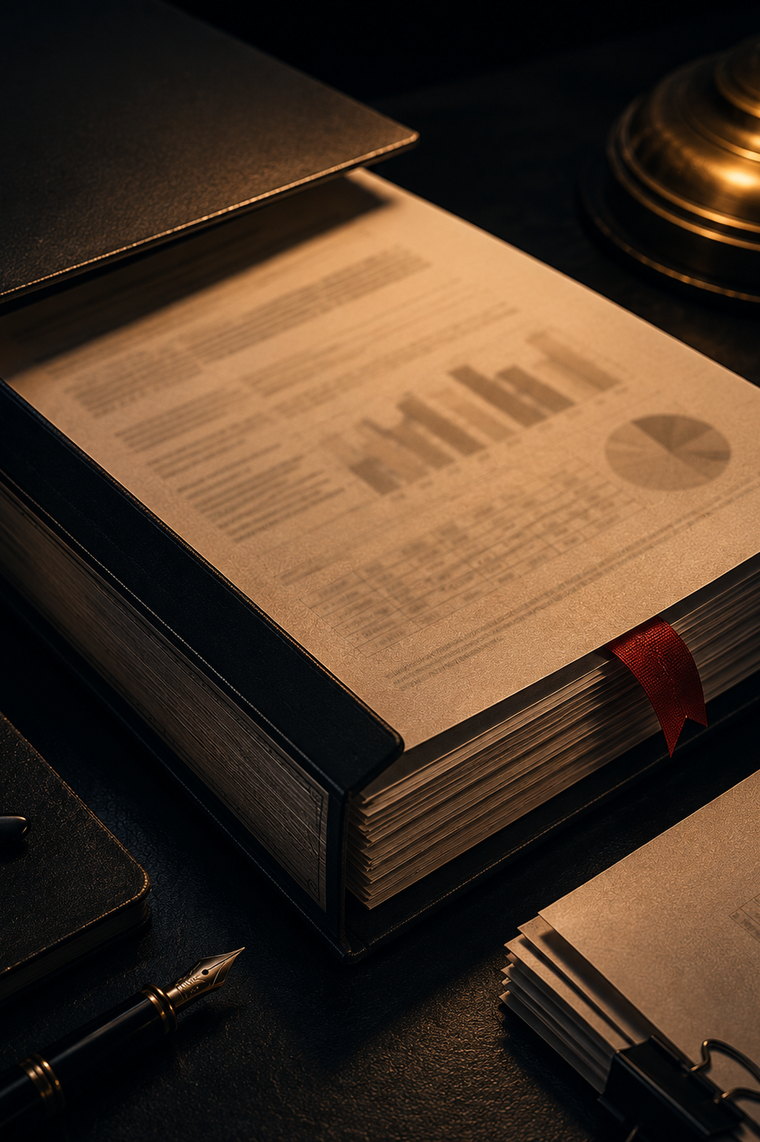 A large ruled register lying open on a dark desk under a low lamp, its columns filled in by hand, with a fountain pen and reading glasses set down beside it: the record of what runs, kept before anybody asks for it.