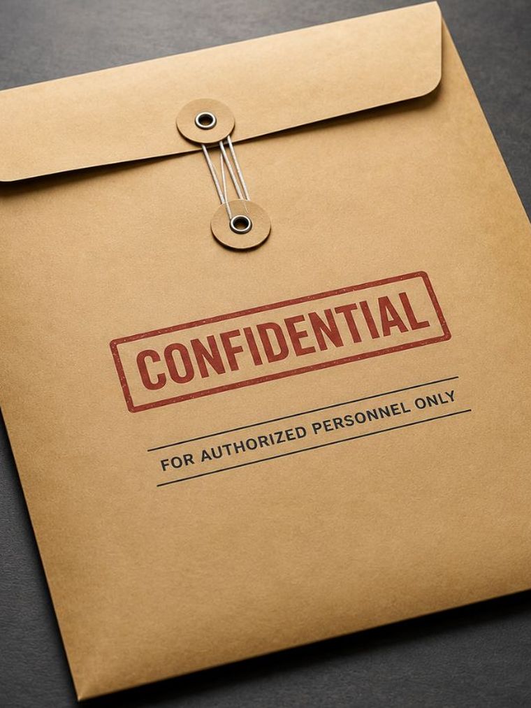 A string-tied kraft envelope lying on a dark grey desk, stamped CONFIDENTIAL in red above a ruled line reading for authorized personnel only.
