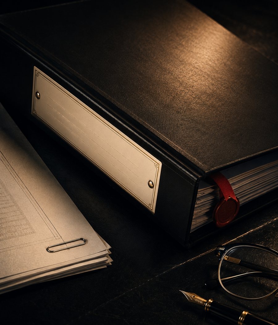 A black ring binder closed on a dark desk, a brass-framed label plate screwed to its cover with its ruled lines left completely blank, a red ribbon and wax seal holding the page block shut, and a clipped stack of printed sheets, reading glasses and a fountain pen laid out beside it: the record nobody wrote.