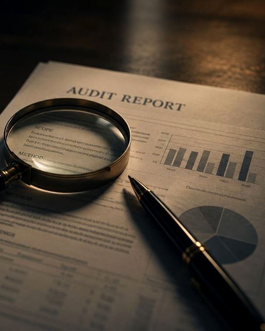 A printed transcript held flat under a sheet of glass on a dark desk, a magnifier and a fountain pen laid across it, with one passage marked: the record of what a system attempted, read line by line after the fact.