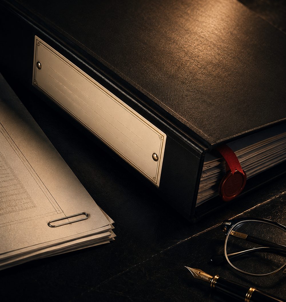 A black archive binder closed on a dark desk under a low lamp, a blank brass label plate screwed to its spine and a wax seal holding the page block shut, with a clipped sheet of bar-charted results, reading glasses, a fountain pen and a photograph of a brass stamp laid out beside it: the record of a tool's use, sealed after the fact.