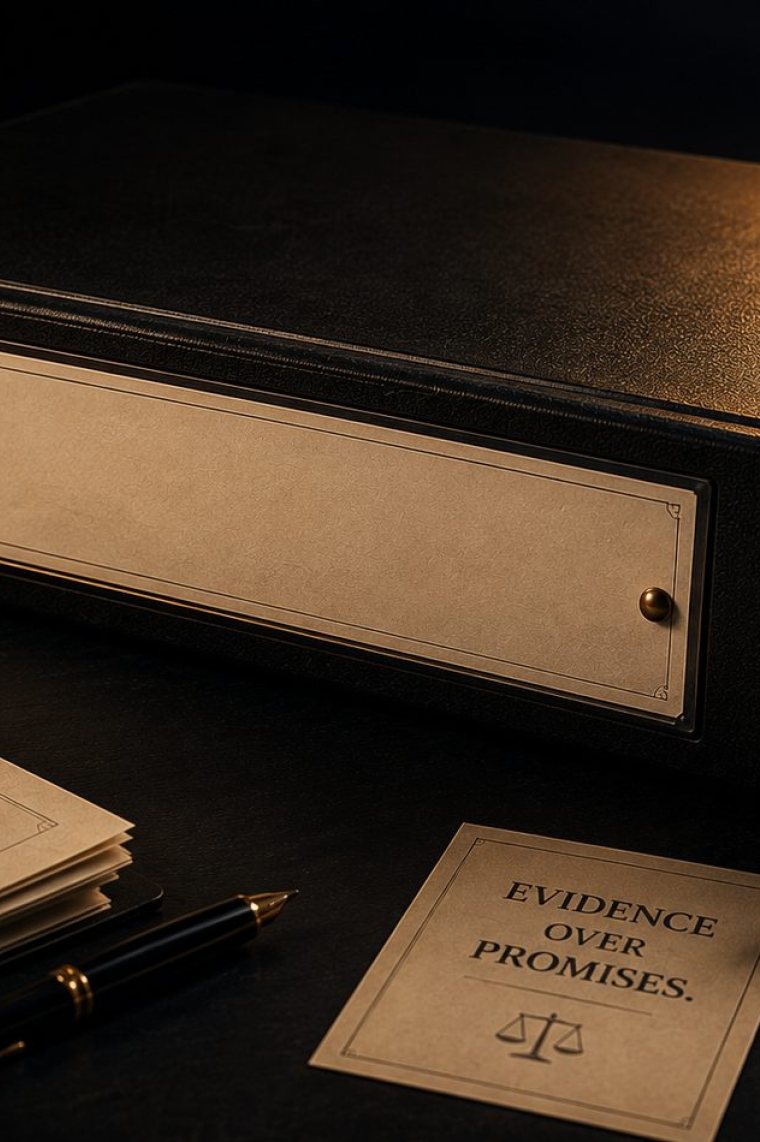 A black archive binder closed on a dark desk under a low lamp, a blank brass label plate screwed to its face, with reading glasses, a fountain pen and a small printed card reading EVIDENCE OVER PROMISES laid out beside it: the file a claim has to be able to open.