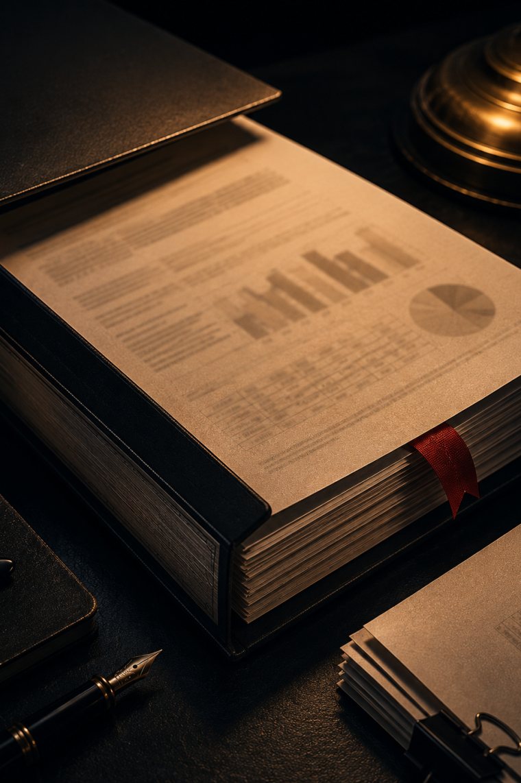 A thick black-bound volume on a dark desk under a low lamp, a printed sheet of tabulated figures and charts resting across its cover, a red ribbon marker hanging from the page block, and a fountain pen laid beside it: the text itself, with the working papers on top.