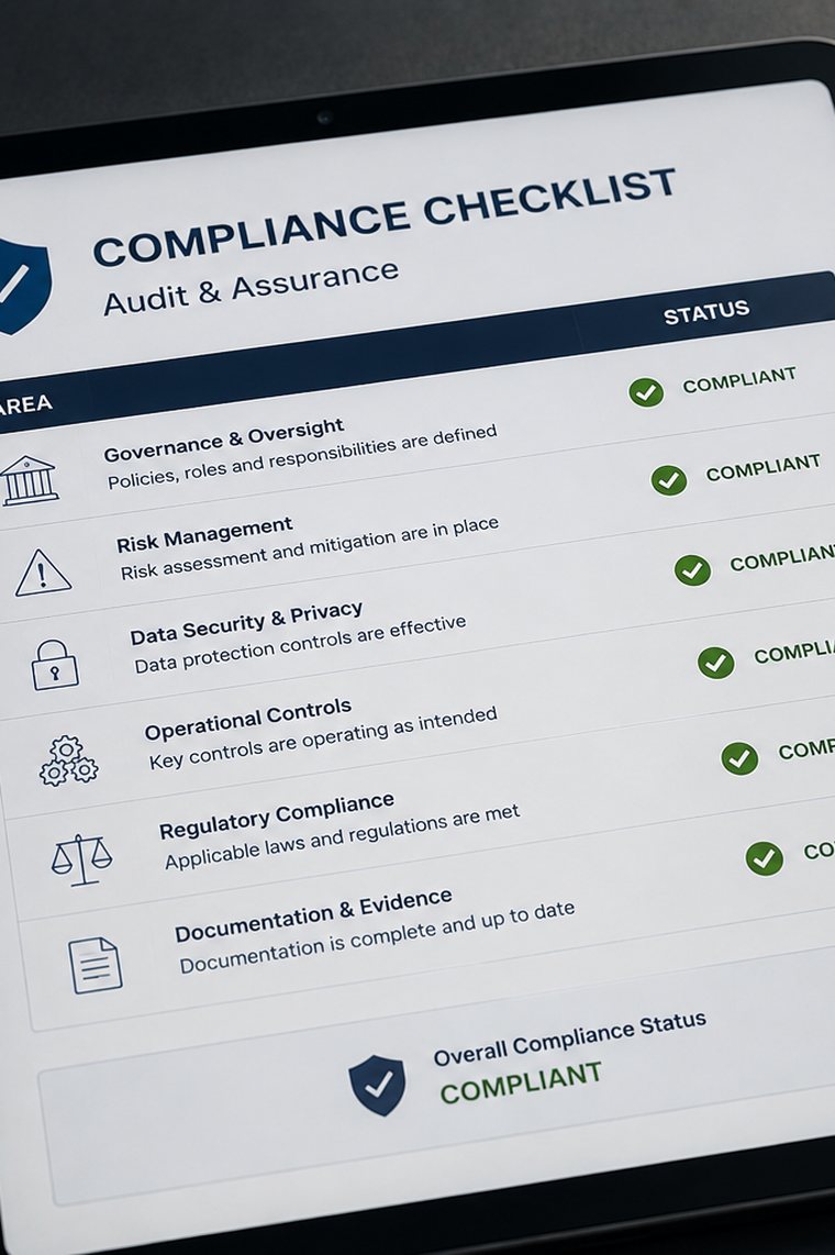 A tablet lying on a dark desk showing a page headed COMPLIANCE CHECKLIST, Audit and Assurance, with rows for governance and oversight, risk management, data security and privacy, operational controls, regulatory compliance and documentation and evidence - every row marked COMPLIANT with a green tick, and an overall status of COMPLIANT at the foot.