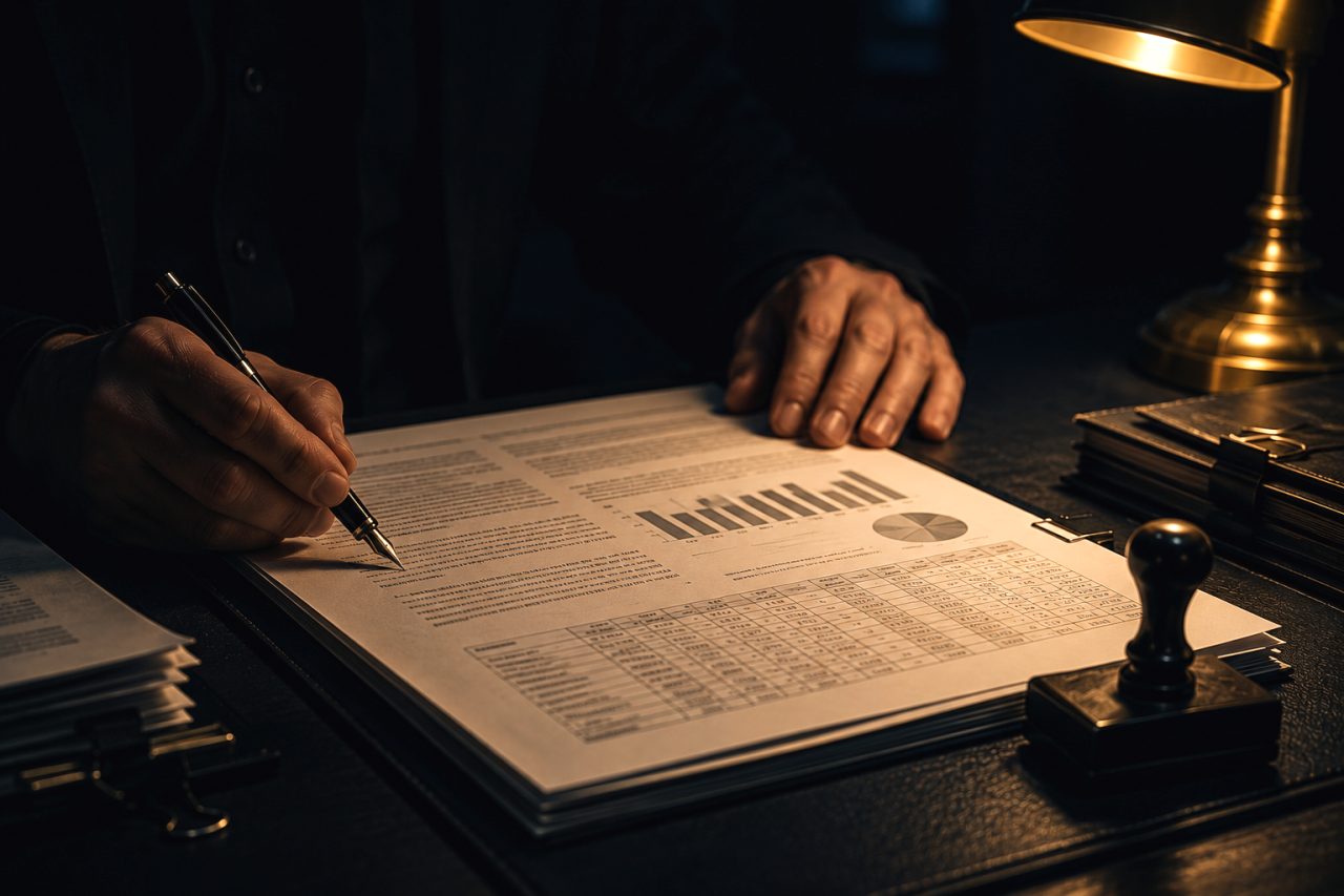 A person in a dark room, lit by a single brass lamp, resting one hand on a printed report and annotating it with a pen: the pages carry ruled tables of figures and a bar chart, with a rubber stamp and a stack of clipped documents waiting at the edge of the desk.
