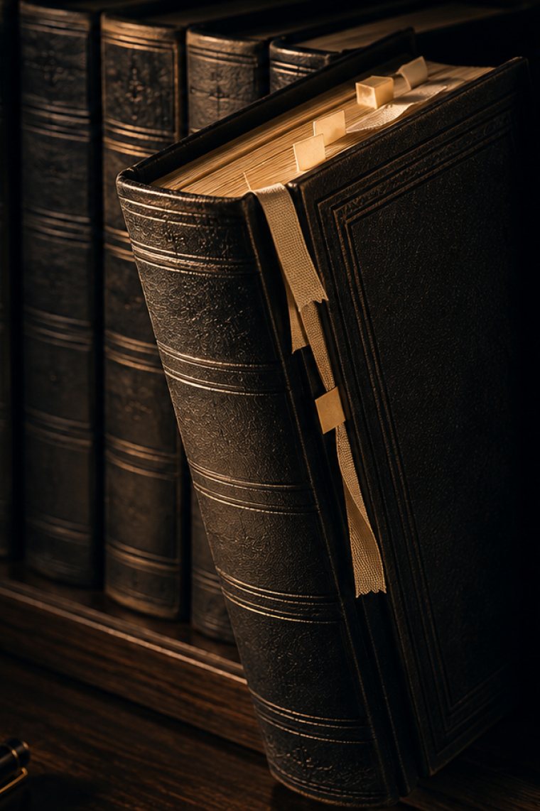 A thick tabbed reference volume standing open on a dark desk under a low lamp, its coloured index tabs running down the fore-edge, with a pen and reading glasses beside it: the governance record a clinical AI is expected to have behind it.