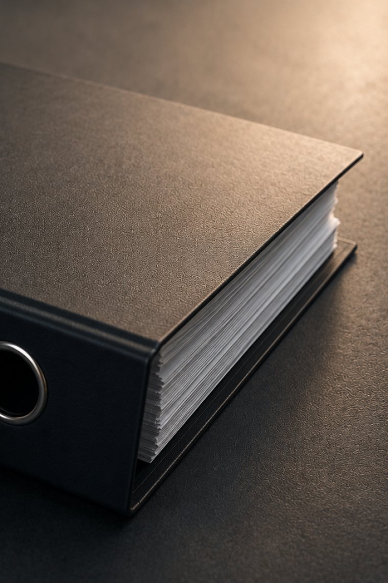 A black lever-arch binder lying closed on a dark desk under a warm light, its page block thick with filed records and the steel ring hole catching the light: the evidence an auditor works through.
