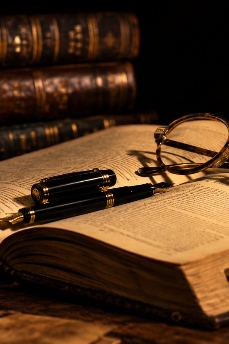 A bound statute volume standing open on a dark desk under a low lamp, a ribbon and paper tabs marking several pages, with a fountain pen and reading glasses laid beside it.