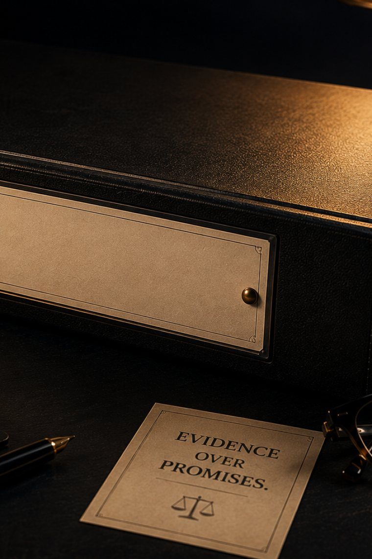 A black archive box closed on a dark desk under a low lamp, a brass label plate screwed to its front with nothing engraved on it at all, a fountain pen and reading glasses beside it, and a card propped against it reading EVIDENCE OVER PROMISES.