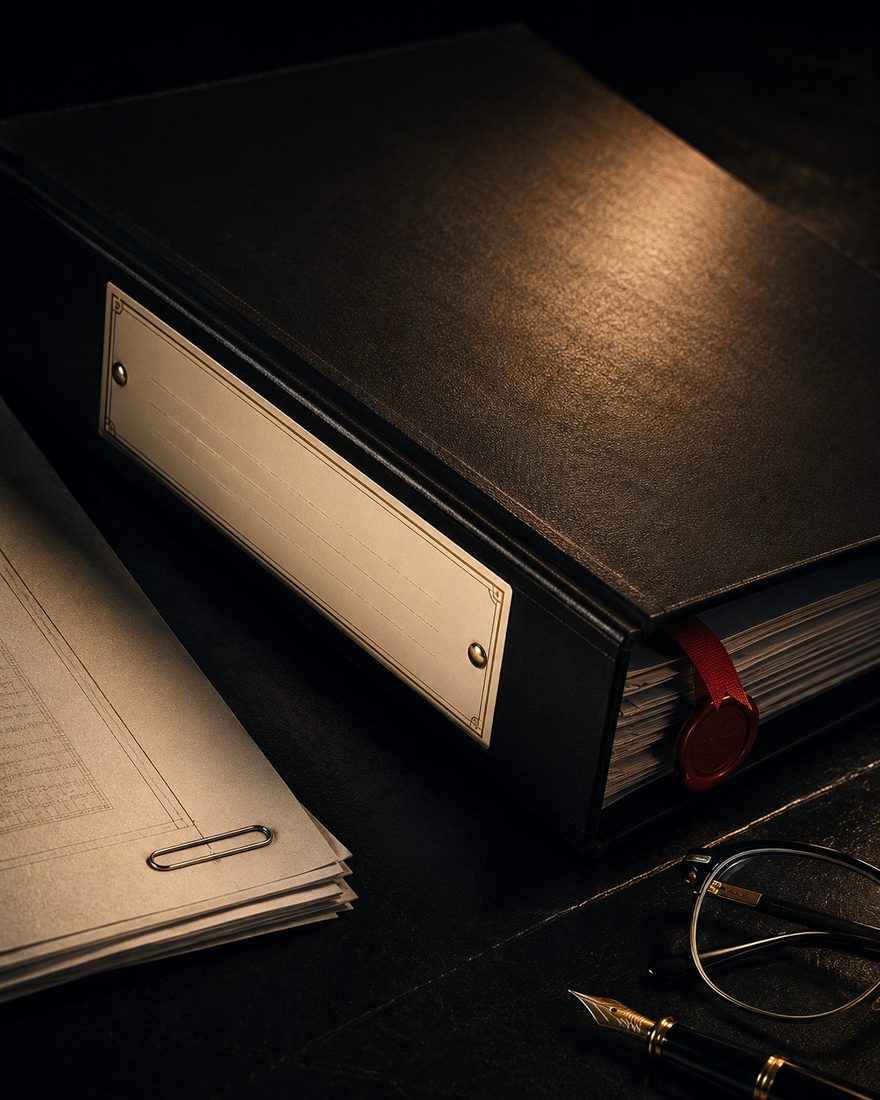 A sealed black evidence binder lying closed on a dark desk, a blank brass label plate on its spine and a red wax seal on a ribbon at its pages, with a stack of printed tables, reading glasses and a fountain pen beside it.