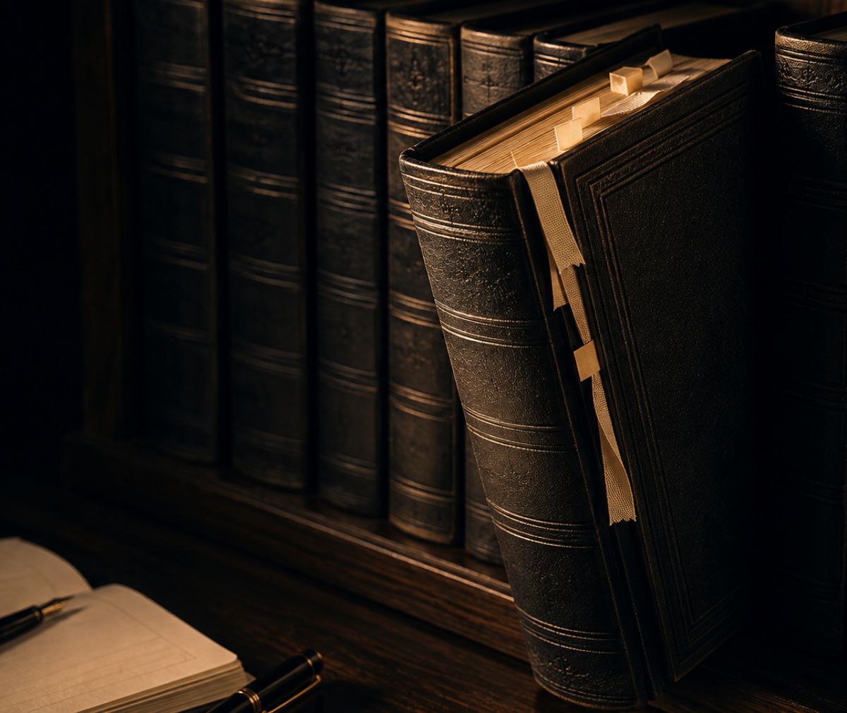 A run of dark leather-bound volumes standing on a wooden shelf in low light, one pulled forward and leaning open with pale paper tabs and a ribbon marker set into its pages, an open notebook and two fountain pens on the desk below.