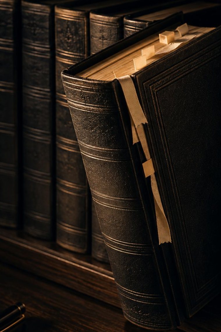 A row of dark leather-bound volumes standing on a wooden shelf under a low warm light, one of them pulled forward and standing a little open, pale paper tabs marking several pages inside it: one instrument taken from a shelf of the ones that reach the same system.