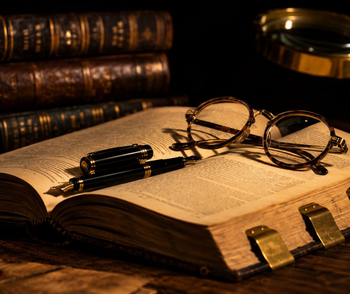 An old volume lying open under warm lamplight with a fountain pen across the page and a pair of reading glasses resting on it, three more leather-bound books stacked behind and a brass magnifier out of focus at the edge.