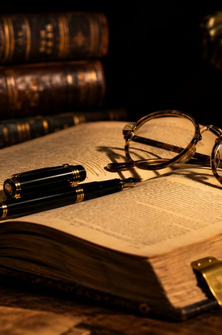 A heavy volume lying open on a dark table under a low warm light, a capped fountain pen and a pair of reading glasses resting on the printed page, a stack of older leather-bound books behind it and a brass fitting catching the light at the edge of the desk.