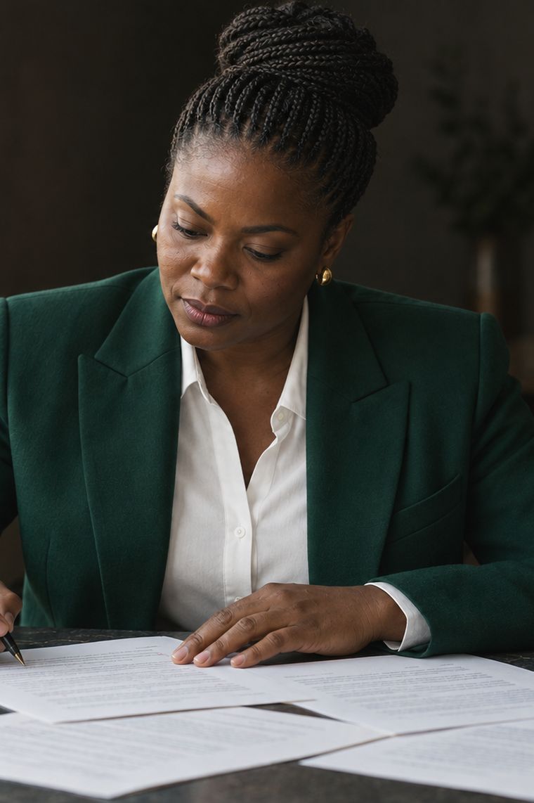 A partner in a forest-green blazer and white shirt, braided hair gathered up, reading and signing a printed page at a dark stone desk, with further pages spread beside it.