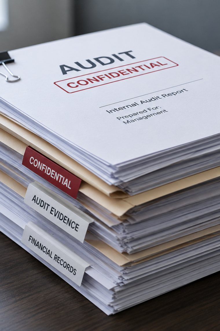 A clipped stack of printed reports on a dark desk, the top sheet headed AUDIT and stamped CONFIDENTIAL, with tabbed dividers below it labelled CONFIDENTIAL, AUDIT EVIDENCE and FINANCIAL RECORDS.