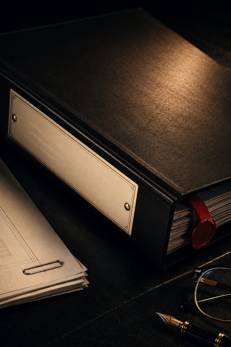 A black ring binder lying closed on a dark desk under warm light, a blank brass label plate screwed to its spine and a red wax seal holding the page block shut, with a clipped sheet of tabulated figures, reading glasses and a fountain pen laid out beside it.