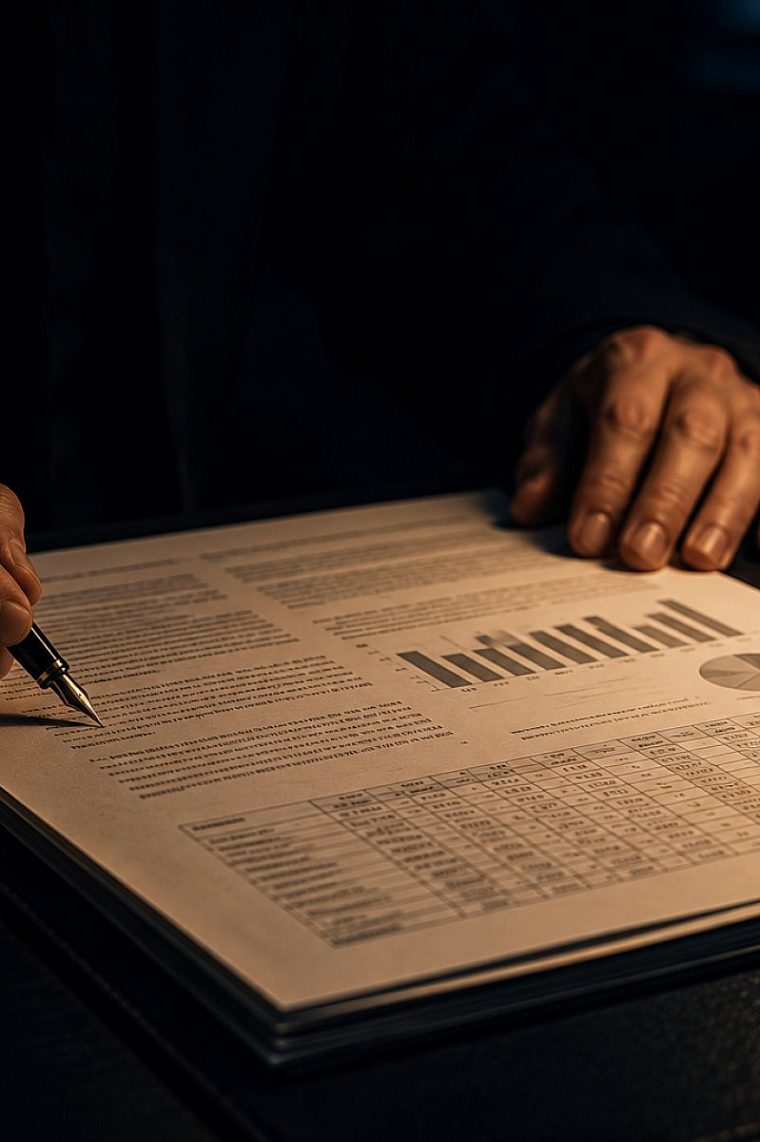 A pair of hands at a desk under a single low lamp, one holding a fountain pen over a printed rate table with bar charts and a grid of factors, read closely and late.