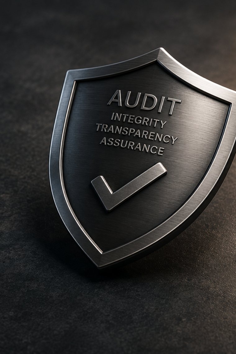 A brushed steel shield lying on a dark textured surface under a raking light, engraved with the word AUDIT above the words integrity, transparency and assurance, and a raised tick beneath them.