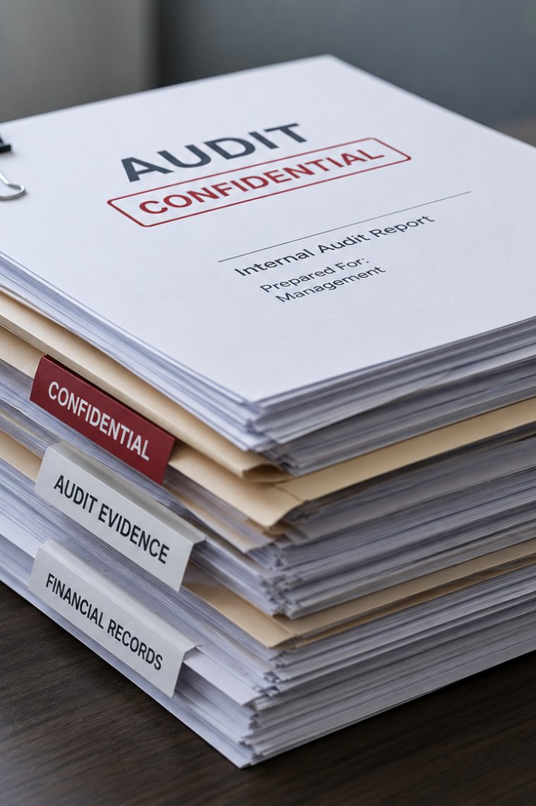 A tall stack of audit files on a dark desk, clipped at the corner and separated by three labelled dividers reading confidential, audit evidence and financial records, with a report cover on top stamped confidential.