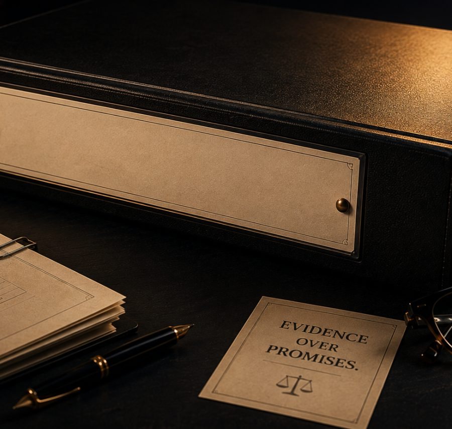 A long black archive box closed on a dark desk under a low warm light, a blank brass label plate screwed to its front with a single stud, a fountain pen and reading glasses beside it, and a small card propped in front reading EVIDENCE OVER PROMISES above a pair of scales.
