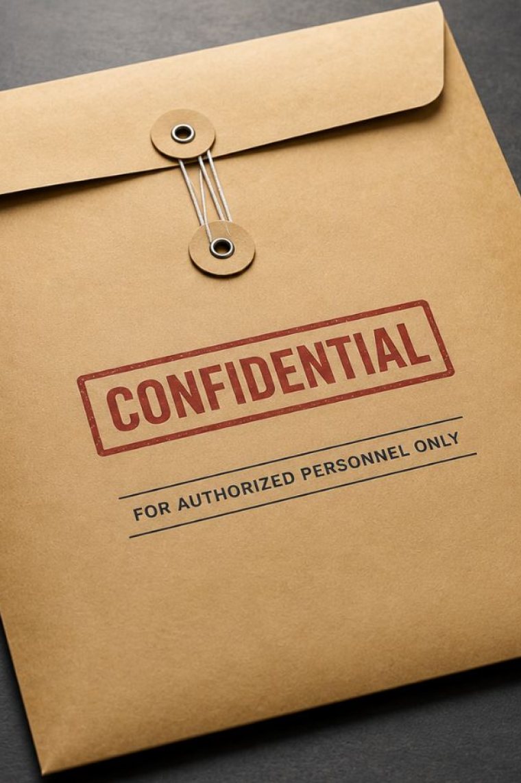 A kraft document envelope on a dark grey surface, closed with a string-and-button fastener and stamped CONFIDENTIAL in red above the line FOR AUTHORIZED PERSONNEL ONLY: the sealed report a security review asks to be sent.