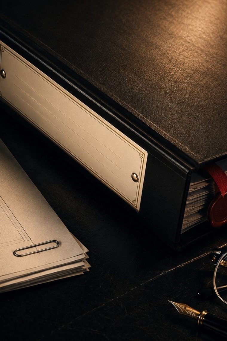 A black archive binder closed on a dark desk under a low lamp, a blank brass label plate screwed to its spine and a wax seal holding the page block shut, with a clipped sheaf of papers, reading glasses and a fountain pen laid out beside it: the model record, sealed and unopened until somebody asks for it.