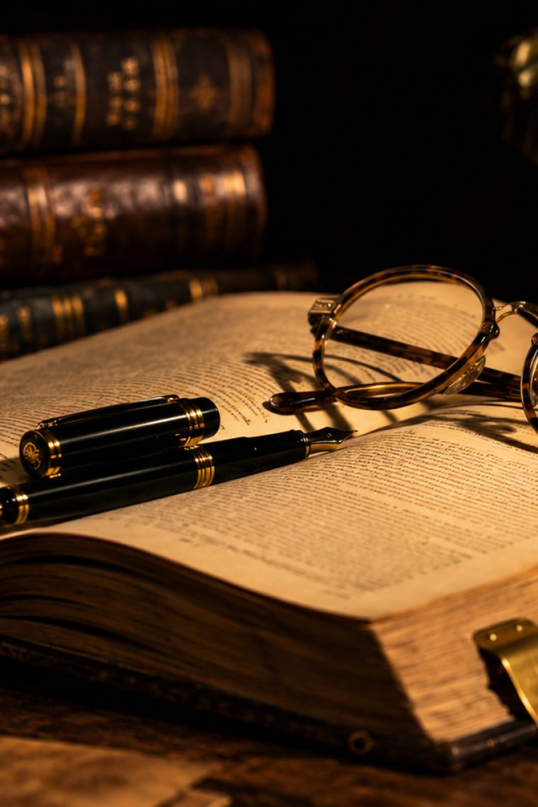 An open legal volume lying under warm lamplight with a fountain pen and a pair of round tortoiseshell spectacles resting across its pages, three more bound volumes stacked behind it and a brass page tab at its lower edge.