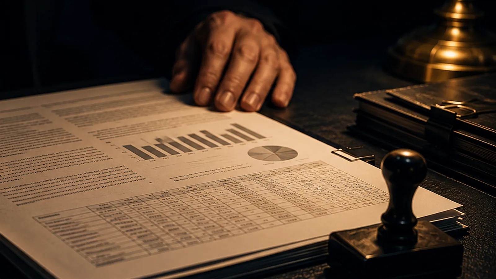 An adverse-decision letter and a printed decision log side by side on a dark desk under a low warm light, with a pen and reading glasses at the edge of the frame.