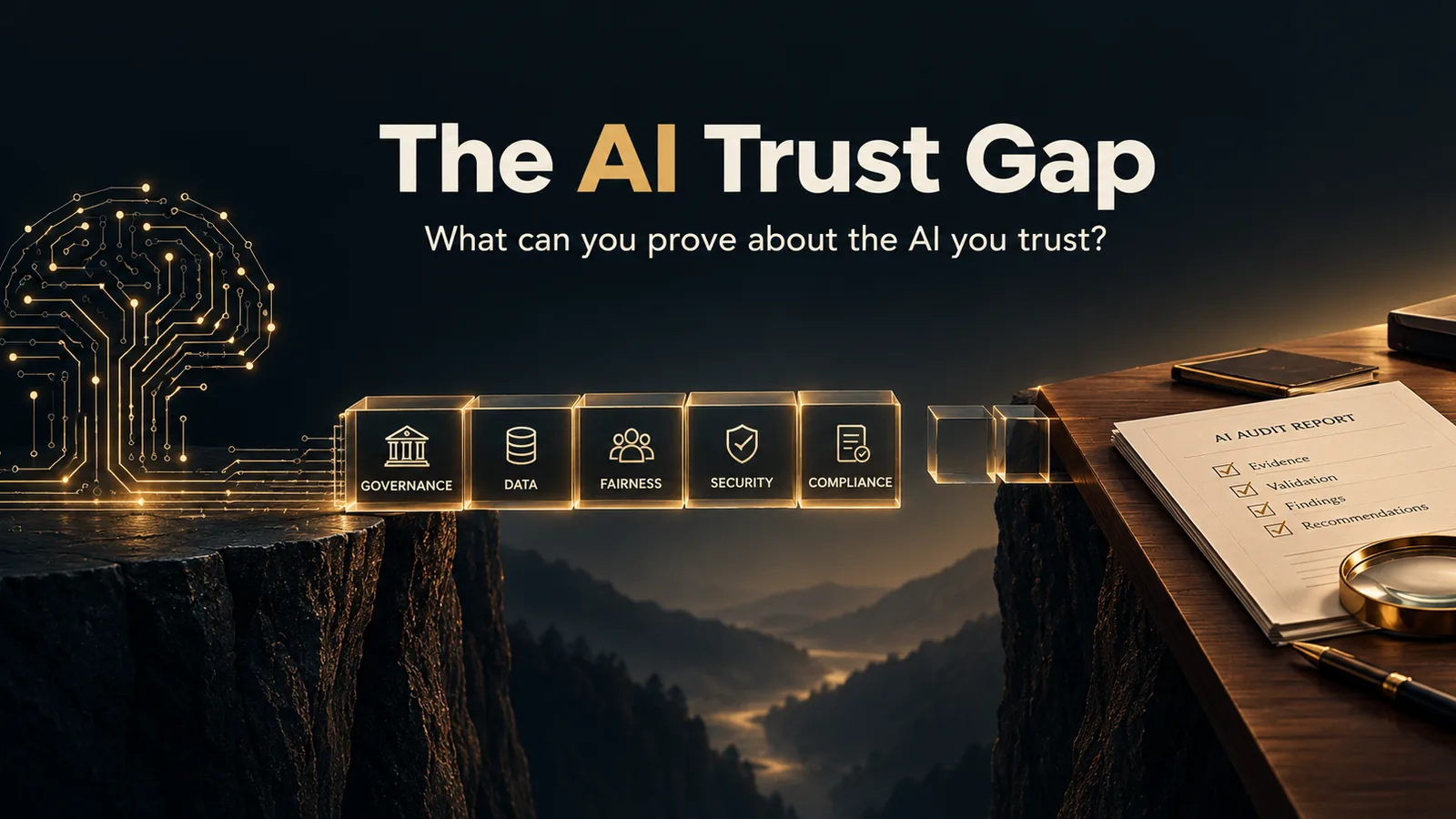 The AI Trust Gap - What can you prove about the AI you trust? A glowing circuit-board brain on one cliff and an AI audit report with a magnifying glass on a desk across a dark valley, joined by five lit blocks labelled Governance, Data, Fairness, Security and Compliance that stop short of the far side.
