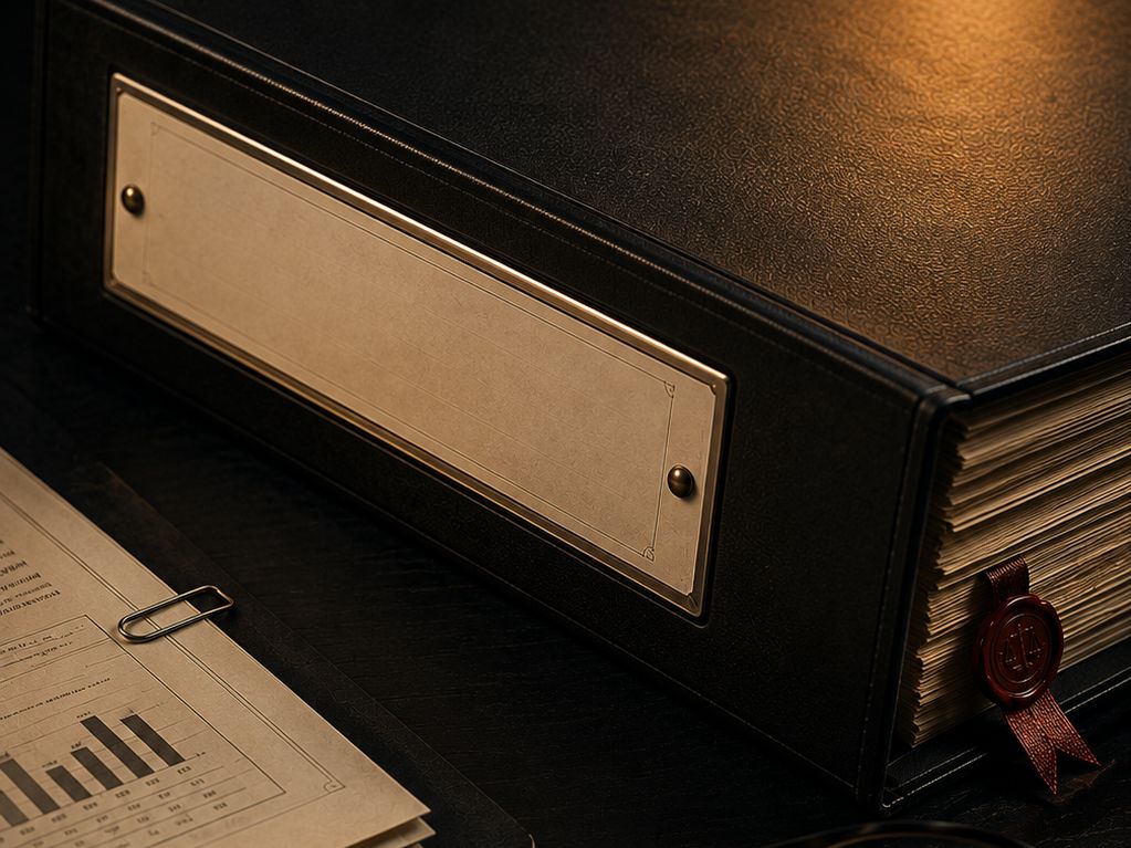 A closed black archive box on a dark desk under warm lamplight, its brass-framed label plate blank, with a red wax seal on a ribbon closing the edge of the filed papers inside and a clipped report page resting alongside