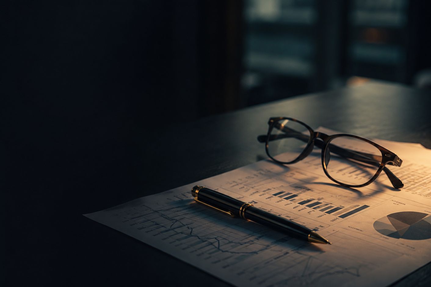 Reading glasses and a fountain pen resting on a printed report of charts on a dark desk, lit by a single warm lamp