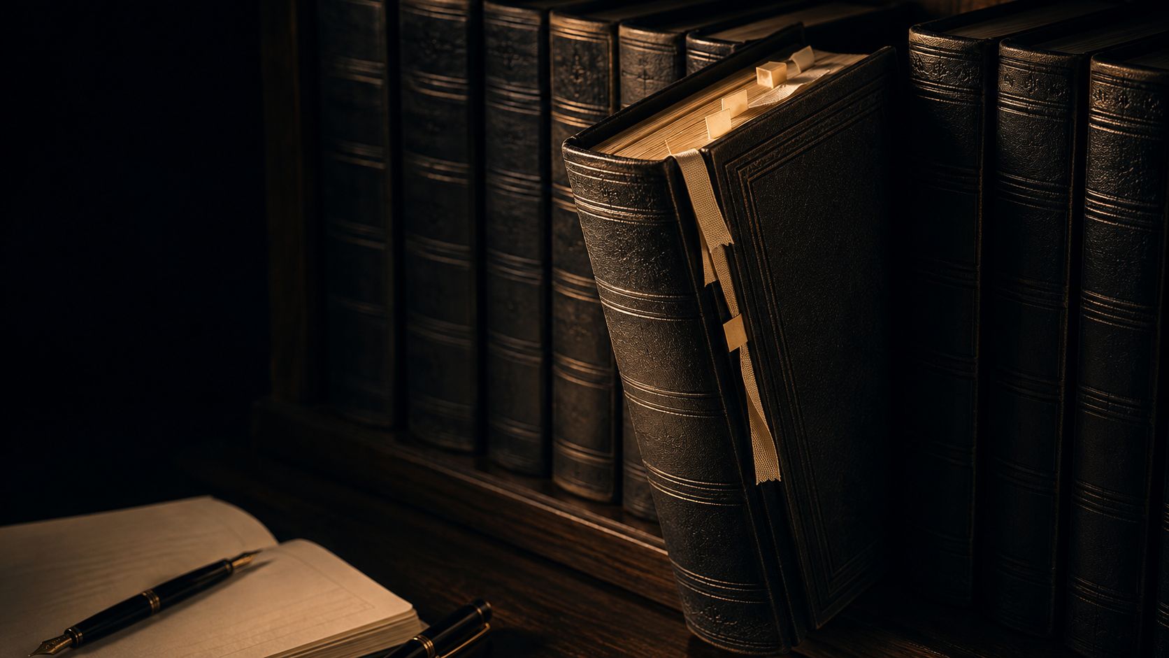 A shelf of dark leather-bound legal volumes with gilt-ruled spines, one drawn forward to show cream ribbon markers and paper tabs between its pages, with an open ruled notebook and a gold-nibbed fountain pen on the desk below, lit warmly from one side