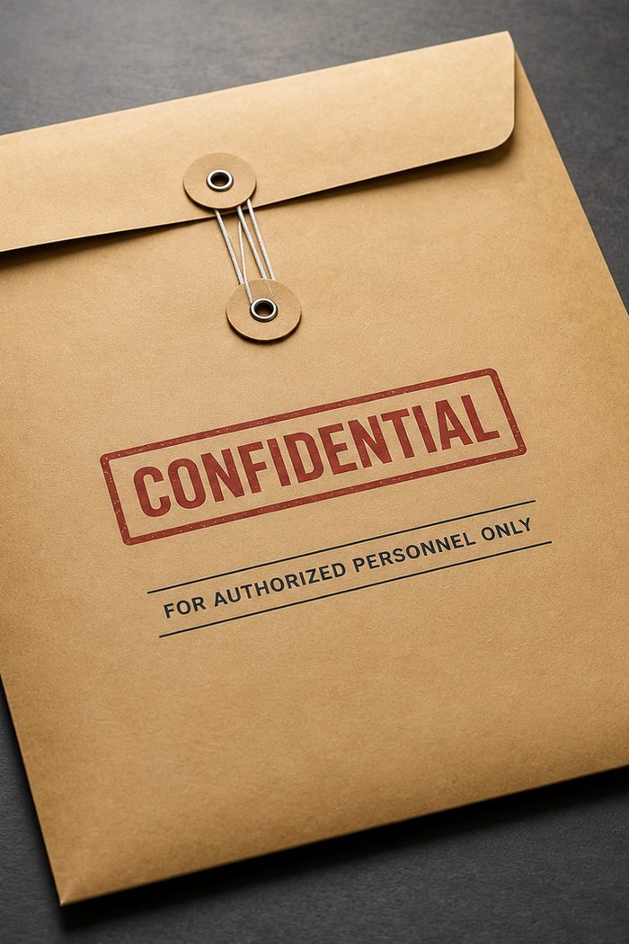 A string-tied kraft document envelope on a dark surface, stamped CONFIDENTIAL in red above the ruled line FOR AUTHORIZED PERSONNEL ONLY