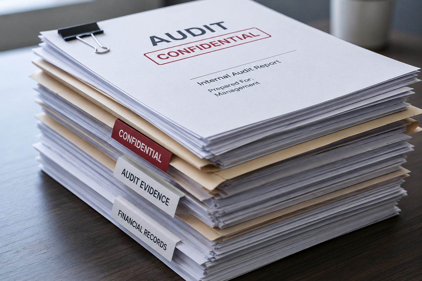 A clipped stack of audit paperwork on a dark wooden desk, the cover sheet headed AUDIT and stamped CONFIDENTIAL over the line Internal Audit Report, with kraft folders tabbed CONFIDENTIAL, AUDIT EVIDENCE and FINANCIAL RECORDS running down the side of the stack