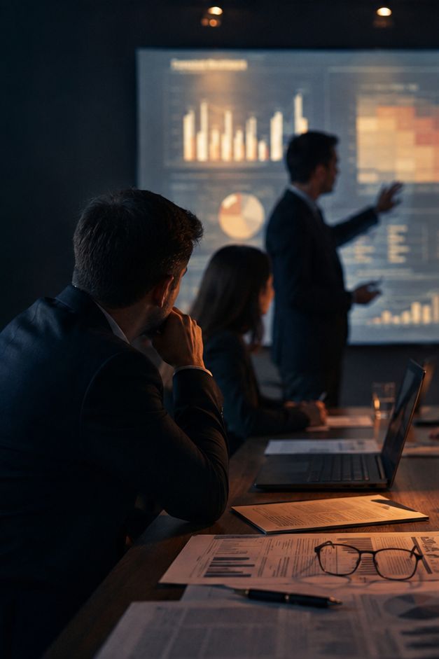 A darkened boardroom where a presenter stands at a lit screen of charts while seated executives review printed reports on the table in front of them