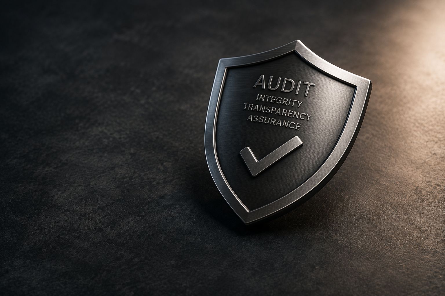 A brushed steel shield resting on a dark stone surface, engraved with the words audit, integrity, transparency and assurance above a raised check mark
